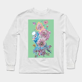 Blue Budgie and Rose Watercolor Painting on Green Long Sleeve T-Shirt